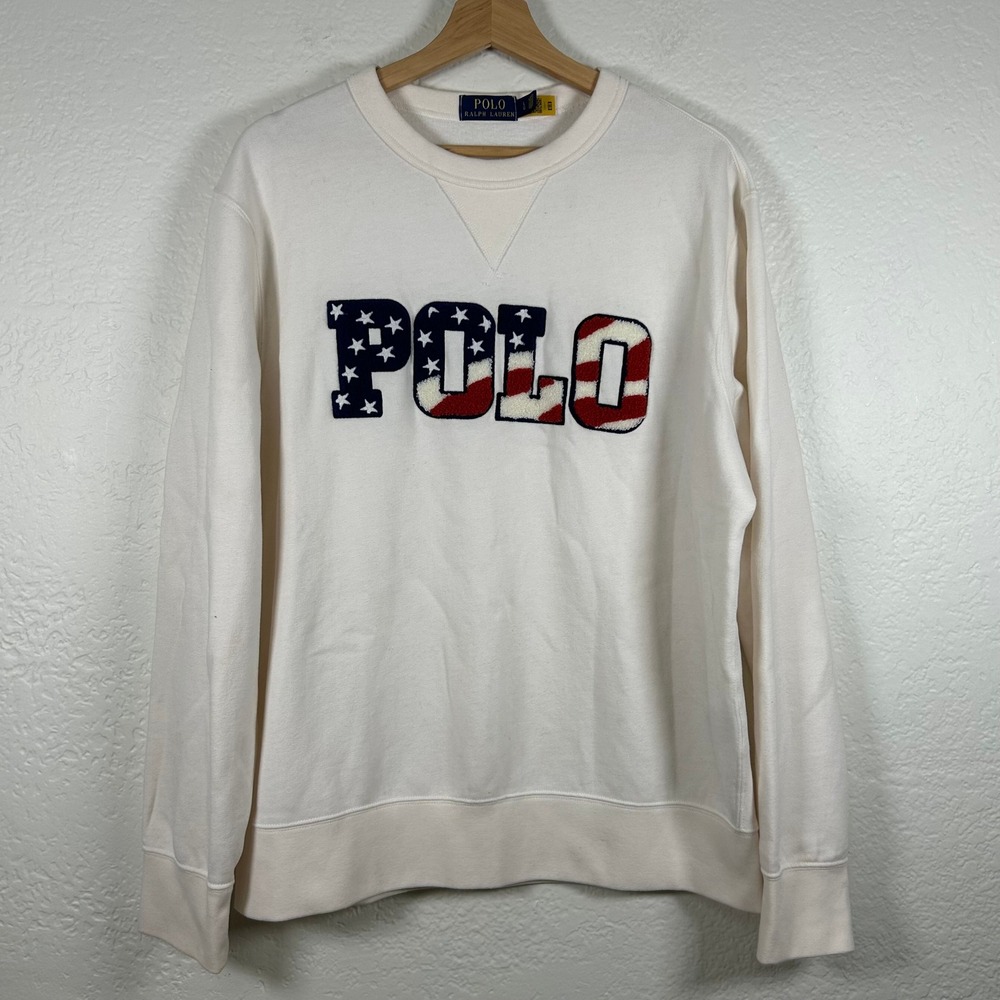 Polo Ralph Lauren Cream Sweatshirt American Flag Chenille Patch Size L